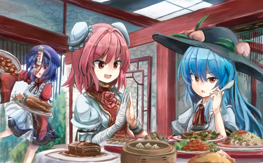 3girls architecture ascot bamboo_steamer bandaged_arm bandages baozi black_headwear black_skirt blue_hair blush bun_cover cabbie_hat cake collared_shirt commentary_request curry double_bun east_asian_architecture flower food hair_bun hat hat_ornament highres hinanawi_tenshi holding holding_spoon ibaraki_kasen indoors jiangshi leaf_hat_ornament long_bangs long_hair long_sleeves looking_at_food looking_at_viewer medium_bangs miyako_yoshika multiple_girls neck_ribbon ofuda open_mouth own_hands_together peach_hat_ornament pink_flower pink_hair pink_rose purple_headwear red_ascot red_eyes red_shirt ribbon rice rose sensi_tobikage sesame_seeds shirt short_hair short_sleeves skirt smile spoon star_(symbol) star_hat_ornament tabard touhou upper_body waitress white_shirt wide_sleeves