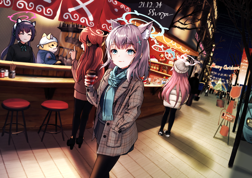 4girls 6+others :3 :d ^_^ absurdres ahoge alternate_costume animal_ear_fluff animal_ears aru_(blue_archive) bar_stool black_hair blue_archive blue_eyes blue_scarf blurry casual cat_ears cat_girl christmas_tree closed_eyes coffee_cup commentary_request cup demon_girl demon_horns depth_of_field disposable_cup extra_ears furry furry_with_non-furry grey_hair hair_between_eyes halo highres holding holding_cup horns hoshino_(blue_archive) interspecies long_hair long_sleeves looking_at_another looking_at_viewer master_shiba_(blue_archive) medium_hair merry_christmas mismatched_pupils multiple_girls multiple_others night night_sky official_alternate_costume pink_hair plaid_coat red_hair scarf serika_(blue_archive) shiroko_(blue_archive) shopping_district sidelocks sky smile solo_focus stool supersugar twintails waitress walking white_headwear winter_clothes wolf_ears wolf_girl