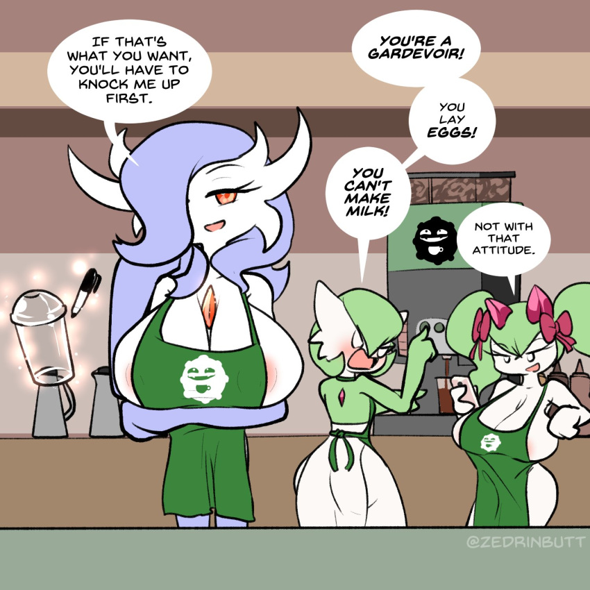 accessory angry areola blue_hair blush bow_ribbon breasts cleavage clothed clothing coffee_shop dialogue female gardevoir generation_3_pokemon green_hair group hair hair_accessory hair_bow hair_ribbon hi_res humanoid i_mean_breast_milk looking_at_viewer marissa_(zedrin) meme nintendo not_furry one_eye_obstructed open_mouth orange_eyes pixie_(zedrin) pokemon pokemon_(species) ribbons side_boob signature smile speech_bubble standing text trio unknown_character white_body zedrin