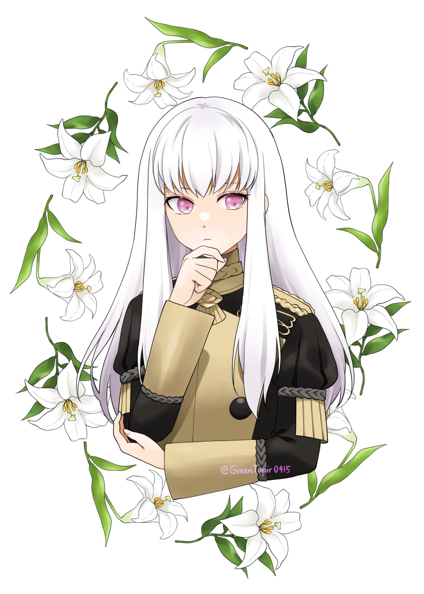 1girl absurdres commentary_request fire_emblem fire_emblem:_three_houses flower garreg_mach_monastery_uniform highres long_hair long_sleeves lysithea_von_ordelia medium_bangs midori_no_baku purple_eyes solo thinking vanilla white_background white_hair