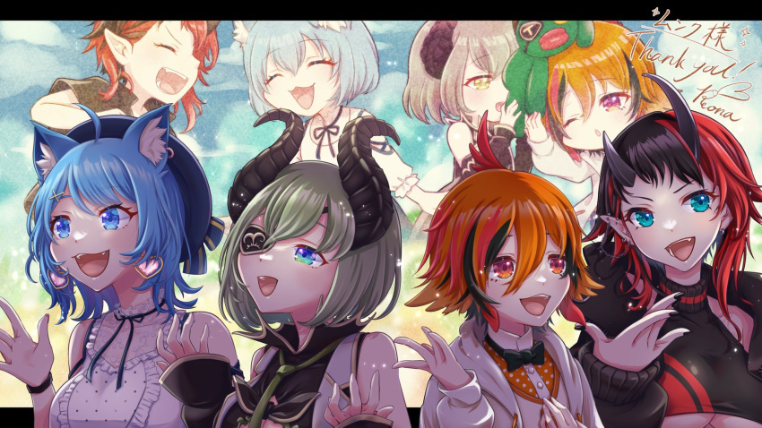 4girls 774_inc. :3 \||/ ahoge animal_ear_fluff animal_ears animare black_bow black_bowtie black_coat black_hair black_jacket black_nails black_pants black_ribbon black_shirt black_sleeves black_sports_bra blue_eyes blue_hair blue_headwear blue_skirt blue_sky blush bow bowtie breasts brown_horns buttons cat_ears closed_eyes clothing_cutout cloud coat commentary_request cowboy_shot demon_girl demon_horns detached_sleeves ear_bar ear_chain ear_piercing earrings eyepatch fang fingernails flat_chest frilled_shirt frills green_hair green_necktie grey_vest hair_between_eyes heart heart_earrings highres honey_strap hood hood_down hoodie horns jacket jewelry kazami_kuku large_breasts long_sleeves looking_afar looking_at_viewer medium_breasts midriff multicolored_hair multiple_girls navel neck_ribbon necktie one_eye_closed open_clothes open_coat open_hoodie open_jacket open_mouth open_shirt orange_eyes orange_hair orange_shirt pants piercing pointy_ears polka_dot polka_dot_shirt red_hair red_shirt reona_kfc02 ribbon ryugasaki_rene sekishiro_mico shirt short_hair shoulder_cutout skirt sky sleeveless_coat smile souya_ichika sports_bra sugar_lyric teeth two-tone_hair underboob upper_body vest virtual_youtuber white_hoodie white_shirt wristband yellow_eyes zipper