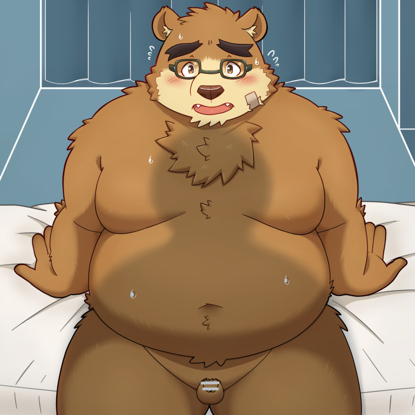 anthro balls bear belly blush brown_body brown_fur duo embarrassed eyewear first_person_view fupa fur genitals glasses hi_res lifewonders male male/male mammal moobs navel nervous nude overweight penis sitting small_penis tokyo_afterschool_summoners volos yaki_atsuage