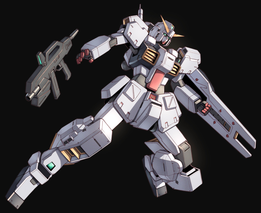 advance_of_zeta arm_shield beam_gun black_background commentary full_body green_eyes gundam gundam_tr-1_hazel highres mecha mobile_suit no_humans open_hand robot science_fiction simple_background solo takahashi_masaki v-fin