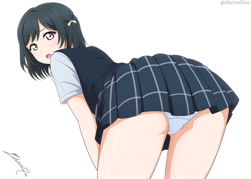 1girl absurdres alterrealzero black_vest blue_skirt blush dark_green_hair fang hair_ribbon highres leaning_forward looking_at_viewer love_live! love_live!_nijigasaki_high_school_idol_club mifune_shioriko miniskirt open_mouth orange_eyes panties panty_peek plaid plaid_skirt pleated_skirt ribbon shirt short_hair short_sleeves signature skirt summer_uniform underwear upper_body vest white_background white_panties white_shirt