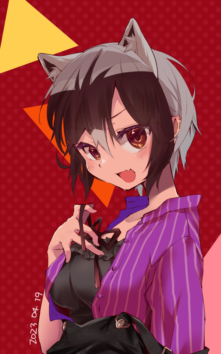 1girl :d animal_ear_fluff animal_ears black_hair breasts brown_eyes commentary_request common_raccoon_(kemono_friends) dated earclip extra_ears fang grey_hair hair_between_eyes highres kemono_friends large_breasts looking_at_viewer multicolored_hair nanana_(nanana_iz) open_clothes open_mouth open_shirt overalls purple_shirt raccoon_ears raccoon_girl shirt short_sleeves simple_background skin_fang smile solo striped striped_shirt two-tone_hair upper_body vertical-striped_shirt vertical_stripes