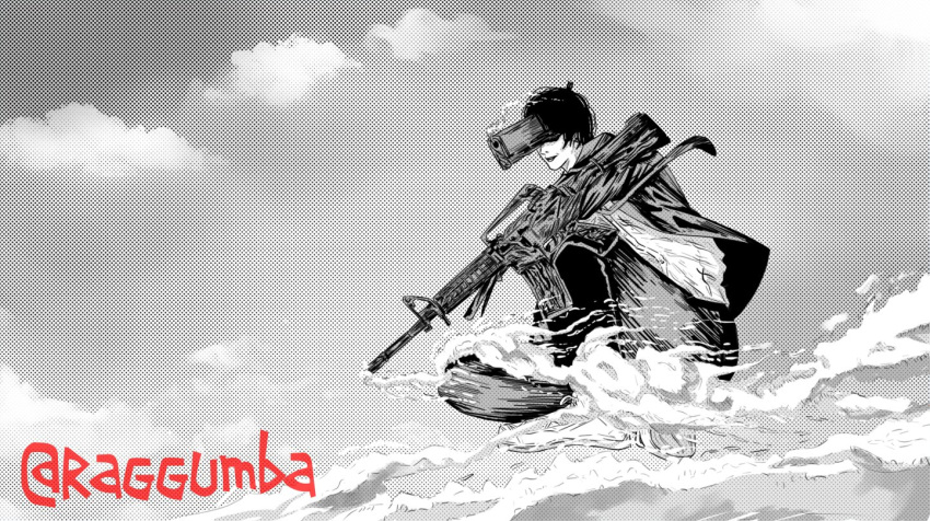 1boy assault_rifle black_hair chainsaw_man collared_shirt dithered_background facing_to_the_side formal greyscale gun gun_devil_(chainsaw_man) halftone handgun hayakawa_aki monochrome parted_lips raggumba rifle shirt short_hair smile smoke solo spot_color suit suit_jacket twitter_username weapon