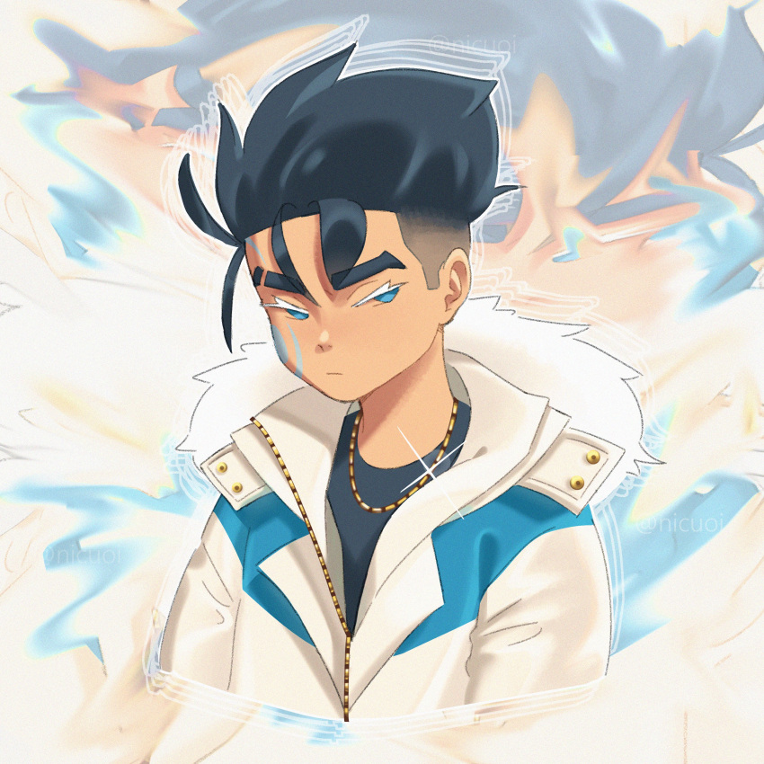 1boy absurdres black_hair blue_eyes colored_eyelashes commentary english_commentary facial_mark fur-trimmed_jacket fur_trim highres jacket male_focus mismatched_eyelashes nicuoi no_sclera original solo sparkle thick_eyebrows undercut upper_body white_jacket