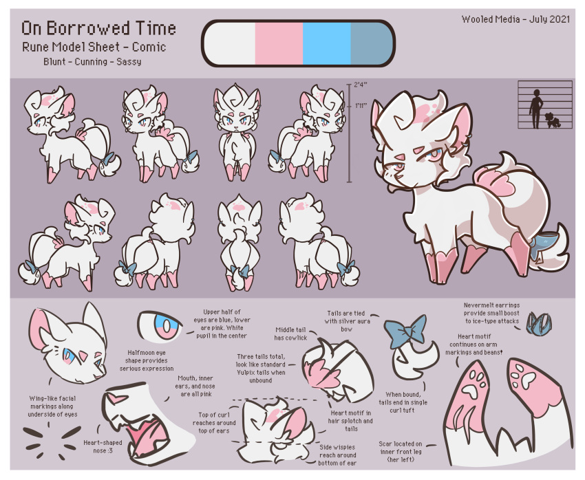 2021 3_tails absurd_res alolan_form alolan_vulpix ambiguous_gender blue_eyes bow_ribbon chest_tuft english_text fangs female_(lore) feral flat_colors fur gloves_(marking) heterochromia hi_res inner_ear_fluff leg_markings markings model_sheet multi_tail nintendo open_mouth pawpads pink_body pink_eyes pink_fur pink_nose pink_pawpads pokemon pokemon_(species) quadruped regional_form_(pokemon) rune_(wooled) scar shiny_pokemon socks_(marking) solo tail teeth text tongue tuft white_body white_fur wooled