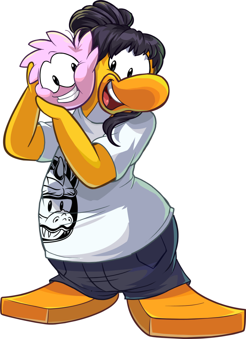 absurd_res ambiguous_gender avian bird black_bottomwear black_clothing black_hair black_pants bottomwear clothing club_penguin duo female full-length_portrait hair hi_res looking_at_another medium_hair official_art open_mouth pants penguin pink_body portrait print_clothing print_shirt print_topwear puffle shirt short_sleeves teeth topwear unknown_artist updo upper_teeth_only white_clothing white_shirt white_topwear yellow_body