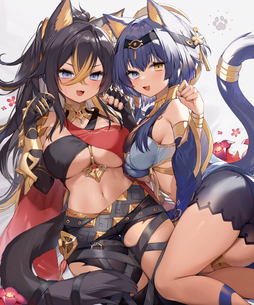 1girl 2girls animal_ears banned_artist black_hair blonde_hair blue_eyes blue_hair breasts candace_(genshin_impact) cat_ears cat_girl cat_tail crossed_bangs dark-skinned_female dark_skin dehya_(genshin_impact) genshin_impact hair_between_eyes heterochromia highres long_hair looking_at_viewer multicolored_hair multiple_girls muryotaro navel streaked_hair tail yellow_eyes