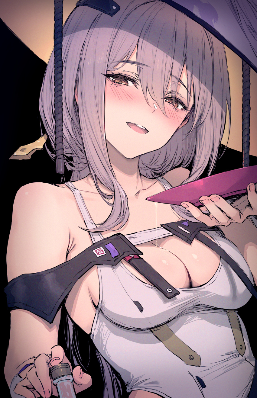1girl alcohol bare_shoulders black_background blush breasts cleavage collarbone cup goddess_of_victory:_nikke grey_hair haoni hat highres holding holding_cup jingasa long_hair looking_at_viewer medium_breasts one-piece_swimsuit open_mouth pouring pouring_onto_self sakazuki sake scarlet_(nikke) simple_background solo swimsuit white_one-piece_swimsuit yellow_eyes