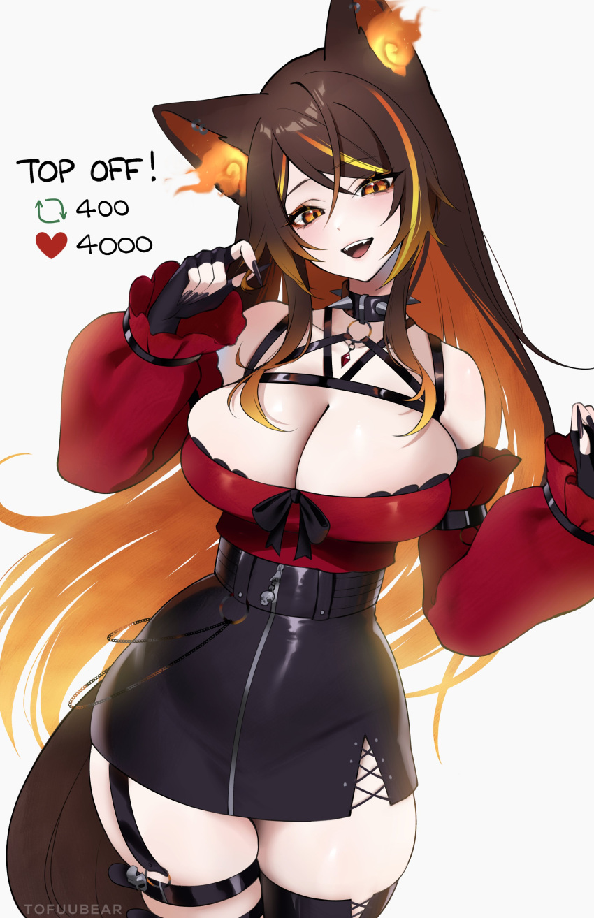 absurdres animal_ears breasts chest_harness choker detached_sleeves harness highres indie_virtual_youtuber large_breasts like_and_retweet meme o-ring o-ring_thigh_strap orange_eyes orange_hair ribbon sinder_(vtuber) skindentation tail thigh_strap thighhighs tight_top tofuubear twitter_strip_game_(meme) wolf_ears wolf_girl wolf_tail