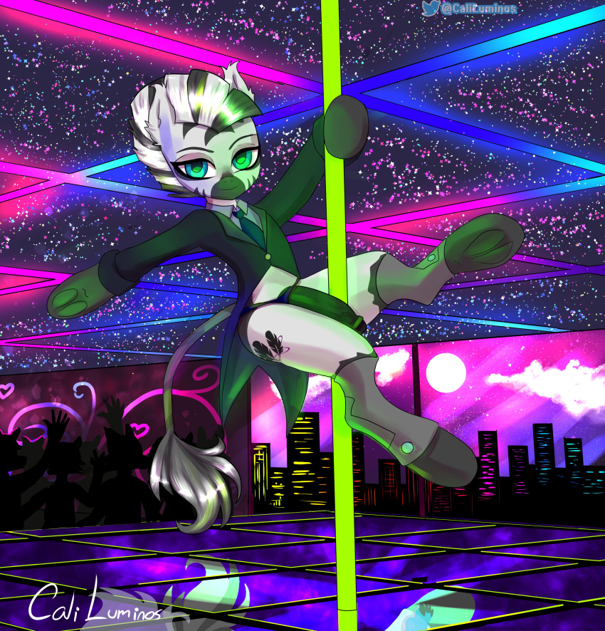 absurd_res anthro caliluminos dancing equid equine genitals hi_res invalid_tag male mammal penis pole pole_dancing rave retro solo ych zebra