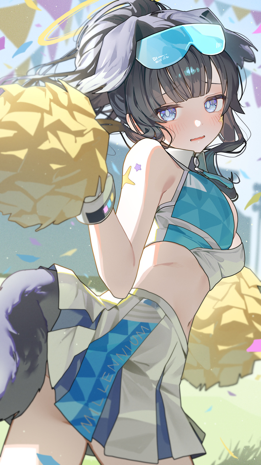 1girl absurdres animal_ears black_hair blue_archive blue_eyes blush breasts cheerleader commentary_request confetti dog_ears dog_tail extra_ears goggles goggles_on_head halo hibiki_(blue_archive) hibiki_(cheer_squad)_(blue_archive) highres holding holding_pom_poms looking_at_viewer looking_to_the_side medium_breasts millennium_cheerleader_outfit_(blue_archive) miniskirt ningen_mame official_alternate_costume partial_commentary pleated_skirt pom_pom_(cheerleading) ponytail skirt solo tail tail_under_clothes