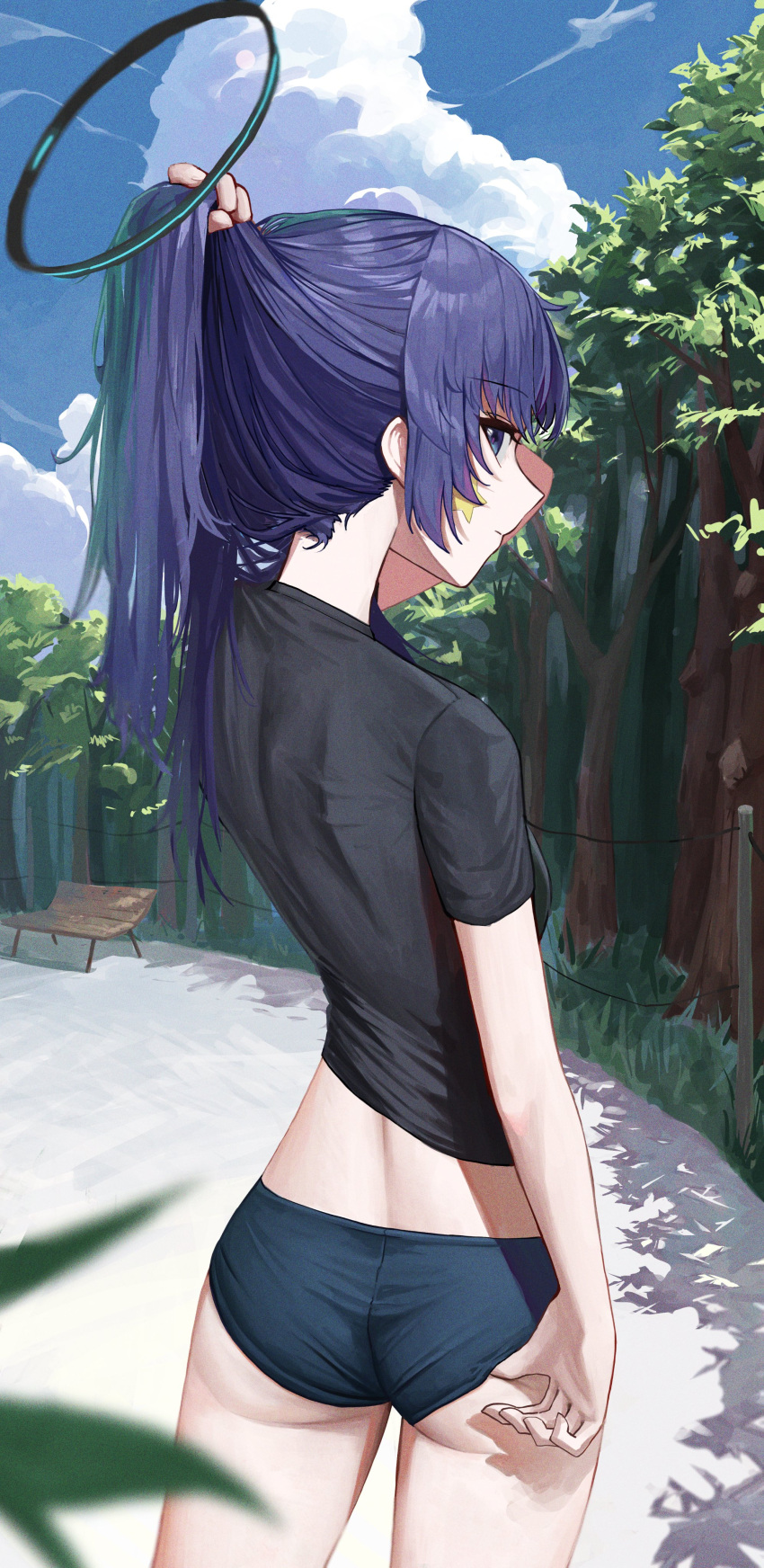 1girl absurdres bench black_shirt blue_archive blue_buruma buruma clothes_pull cloud crop_top from_behind gym_shirt gym_uniform halo highres hwan_(verypoor) looking_at_viewer looking_back official_alternate_costume ponytail purple_eyes purple_hair shirt short_sleeves shorts shorts_pull solo star_(symbol) star_sticker sticker sticker_on_face tree tying_hair yuuka_(blue_archive) yuuka_(gym_uniform)_(blue_archive)