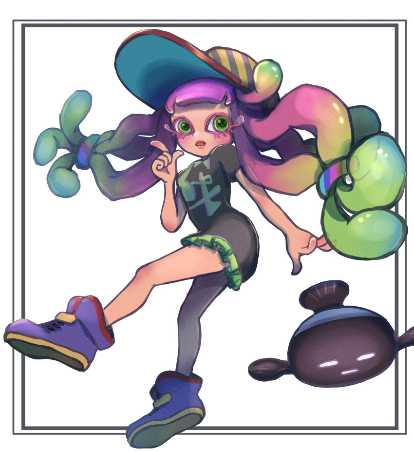 1girl absurdres baseball_cap black_shirt blunt_bangs blush colored_eyelashes commentary_request eyelashes fish floating_hair full_body gradient_hair green_eyes green_hair green_skirt hair_ornament hand_up harmony's_clownfish_(splatoon) harmony_(splatoon) hat high_tops highres long_hair looking_at_viewer miniskirt moromi_(kscd4482) multicolored_clothes multicolored_hair multicolored_headwear open_mouth pink_hair pleated_skirt purple_footwear shirt shoes short_sleeves simple_background skirt sneakers solo splatoon_(series) splatoon_3 striped striped_headwear t-shirt tentacle_hair very_long_hair white_background