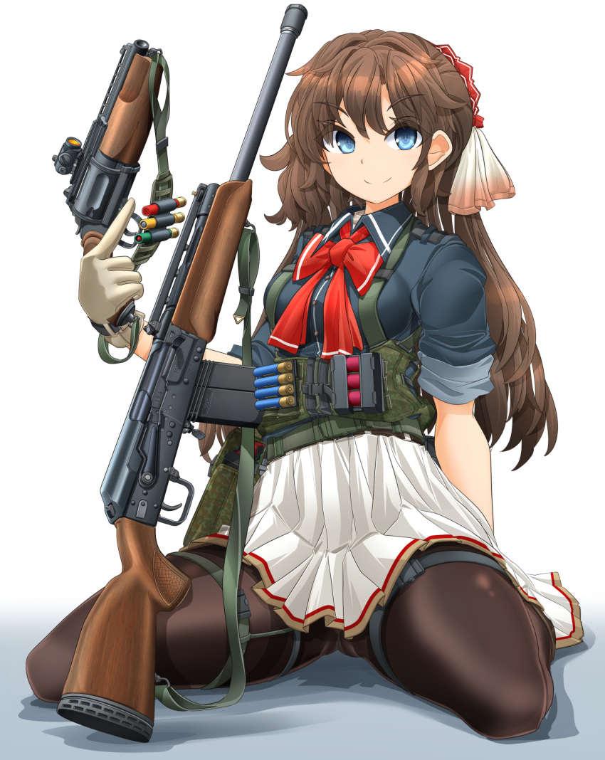 1girl absurdres arm_behind_back assault_rifle black_pantyhose blue_eyes blue_shirt bow brown_hair closed_mouth commentary_request crown dress_shirt gloves gradient_background gun hair_ribbon harness highres holding holding_gun holding_weapon kalashnikov_rifle long_hair looking_at_viewer mikeran_(mikelan) mini_crown mts255 original pantyhose pleated_skirt red_bow revolver ribbon rifle saiga-12 school_uniform scope shadow shirt short_sleeves shotgun shotgun_shell sitting skirt sleeves_rolled_up smile solo thigh_strap thighs trigger_discipline wariza weapon white_background white_gloves white_ribbon white_skirt wing_collar