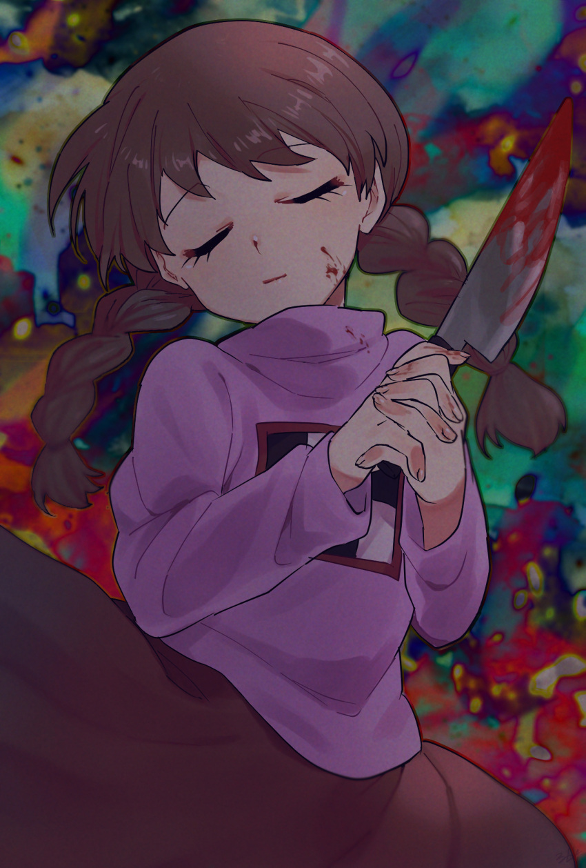 1girl :| abstract_background blood blood_on_clothes blood_on_face blood_on_knife blood_on_weapon blush braid brown_hair closed_eyes closed_mouth dark expressionless eyelashes film_grain fingernails hands_up head_tilt highres holding holding_knife kitchen knife lips long_hair long_sleeves madotsuki pink_sweater purple_sweater raised_eyebrows red_skirt ruga_(vagryu) skirt solo sweater turtleneck turtleneck_sweater twin_braids twintails weapon wind yume_nikki