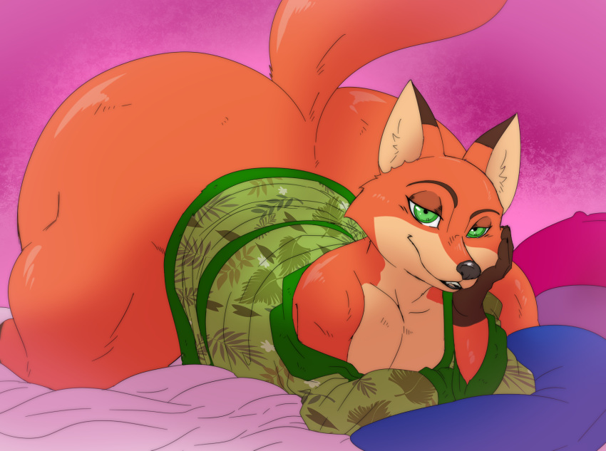 2023 a-side anthro ass_up bed_sheet bedding bedroom_eyes big_butt bottom_heavy bottomless bottomless_anthro bottomless_male butt canid canine clothed clothing disney ears_up fox fur green_eyes half-closed_eyes hand_on_face looking_at_viewer lying male mammal narrowed_eyes nick_wilde on_front pillow raised_tail robe robe_only seductive smile smiling_at_viewer solo tail teeth zootopia