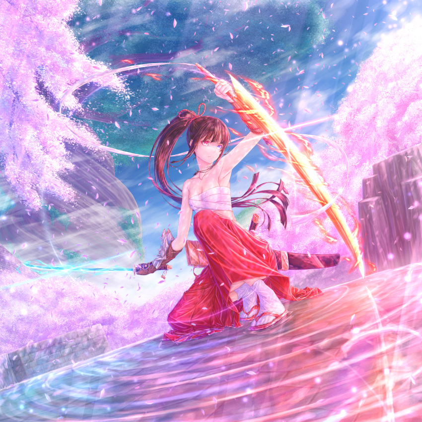 1girl black_hair blue_eyes blunt_bangs breasts bushidou_(sekaiju) bushidou_2_(sekaiju) cherry_blossoms chest_sarashi cleavage dual_wielding flaming_weapon glowing glowing_weapon hakama hakama_skirt heterochromia highres holding japanese_clothes kurokuma long_hair medium_breasts outdoors ponytail red_eyes red_hakama reverse_grip ripples samurai sandals sarashi scabbard sekaiju_no_meikyuu sekaiju_no_meikyuu_1 sheath sidelocks skirt socks solo tabi tree weapon white_socks