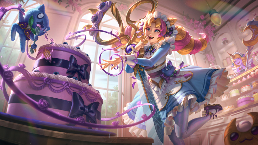 2girls :d absurdres blonde_hair bow bowtie breasts cafe_cuties_(league_of_legends) cafe_cuties_gwen cafe_cuties_soraka cake cone_hair_bun croissant deiv_calviz dress drill_hair flower food frilled_dress frills gwen_(league_of_legends) hair_bow hair_bun hand_up highres holding holding_scissors holding_staff indoors league_of_legends long_hair long_sleeves maid maid_headdress multicolored_hair multiple_girls official_art open_mouth pantyhose parted_bangs pink_flower pink_hair pink_rose rose scissors shoes smile solo_focus soraka_(league_of_legends) staff stuffed_animal stuffed_cat stuffed_toy table teeth twin_drills twintails two-tone_hair upper_teeth_only white_pantyhose window