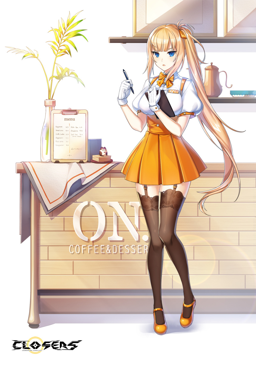 1girl :o alternate_hair_color badge blue_eyes bow bowtie breasts brown_thighhighs center_frills clipboard closers coffee_pot collared_shirt copyright_name counter frills full_body garter_straps gloves hair_bow hands_up heel_up high-waist_skirt highres holding holding_clipboard holding_pen knees_together_feet_apart lace-trimmed_thighhighs large_breasts leaf lens_flare lens_flare_abuse logo long_hair looking_at_viewer mary_janes menu miniskirt official_art orange_bow orange_bowtie orange_footwear orange_hair orange_skirt pen picture_frame plate plate_stack pleated_skirt ponytail puffy_short_sleeves puffy_sleeves shelf shirt shoes short_sleeves sidelocks skirt solo standing suspender_skirt suspenders thighhighs underbust v-shaped_eyebrows vase very_long_hair violet_(closers) waitress white_background white_gloves white_shirt zettai_ryouiki