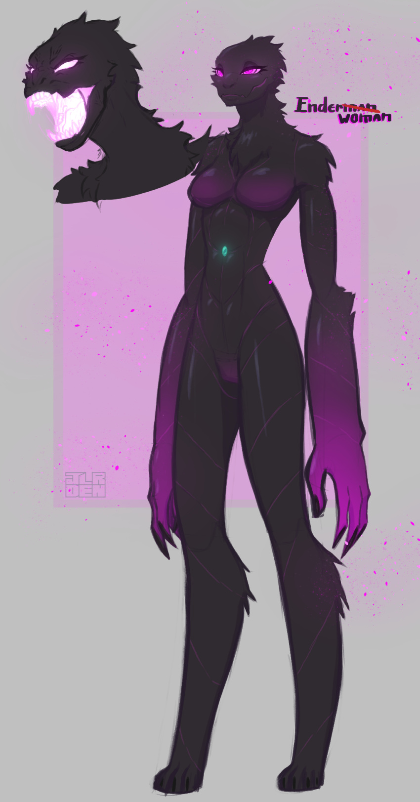 animal_humanoid anthro black_body black_fur black_skin breasts crossgender digital_media_(artwork) ender_pearl enderman female fur hair hi_res humanoid jodelr microsoft minecraft mojang not_furry nude open_mouth purple_eyes smile solo teeth xbox_game_studios