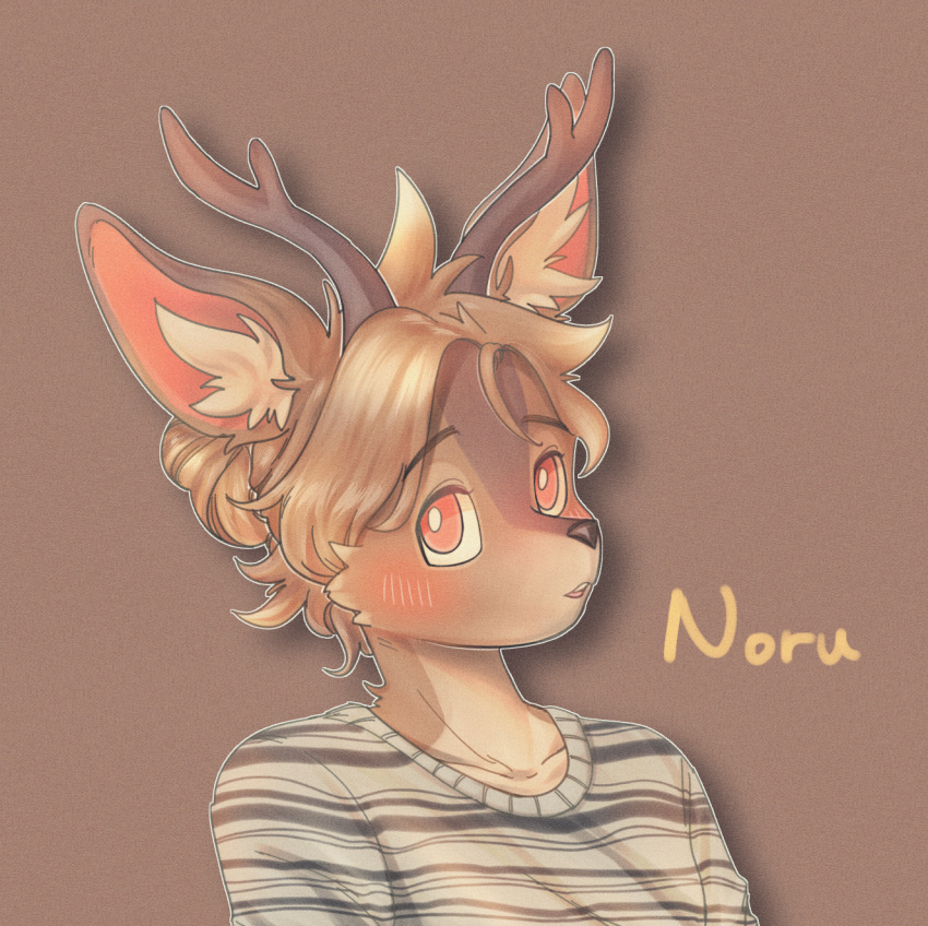 ambiguous_gender anthro blush brown_body capreoline clothed clothing deer hair hi_res horn inner_ear_fluff looking_at_viewer mammal noruru3737 pattern_clothing pink_eyes roe_deer solo striped_clothing stripes tied_hair tuft