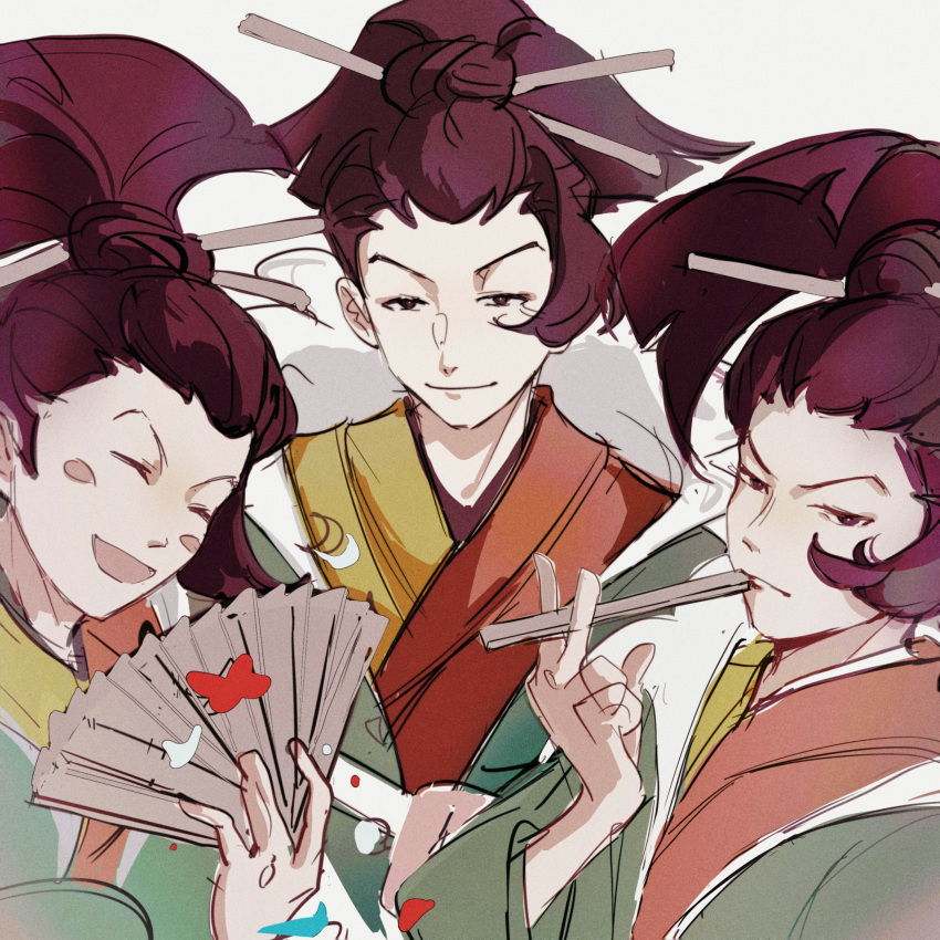 3boys :d absurdres ace_attorney blunt_ends blush_stickers brown_eyes brown_hair closed_eyes closed_mouth folding_fan green_jacket hand_fan highres holding holding_fan jacket japanese_clothes kimono lazy862111 long_sleeves looking_at_viewer multiple_boys multiple_persona open_mouth orange_kimono phoenix_wright:_ace_attorney_-_spirit_of_justice simple_background single_sidelock sketch smile topknot two-tone_kimono uendo_toneido updo upper_body v-shaped_eyebrows white_background yellow_kimono