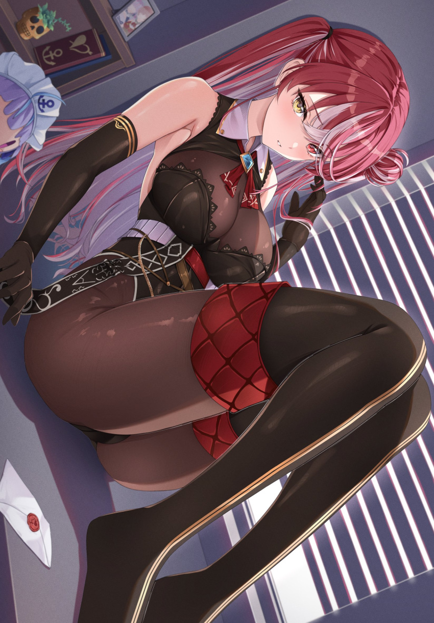 1girl ascot black_gloves blinds breasts colored_inner_hair elbow_gloves envelope gloves hair_bun hand_up heterochromia highres hololive houshou_marine iroha_(unyun) knees_up large_breasts leaning_back minato_aqua multicolored_hair official_alternate_costume parted_lips red_ascot red_eyes red_hair shelf sideways sitting solo streaked_hair stuffed_toy thighhighs thighs virtual_youtuber white_hair window wing_collar yellow_eyes