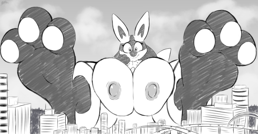 3_toes absurd_res anthro benjipaws big_breasts blush breasts building canid canine city embarrassed featureless_crotch feet female foot_fetish generation_4_pokemon greyscale hi_res lucario macro mammal monochrome nintendo pawpads paws pokemon pokemon_(species) sketch solo toes