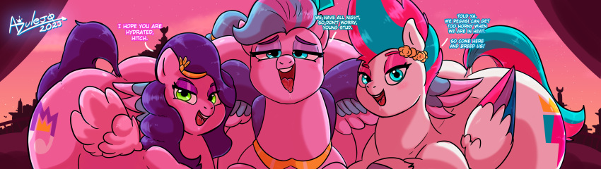 absurd_res azulejo dialogue equid equine female feral glowing glowing_eyes group hasbro hi_res imminent_sex looking_at_viewer mammal mlp_g5 my_little_pony pegasus pipp_petals_(mlp) queen_haven_(mlp) text thick_thighs trio wings zipp_storm_(mlp)
