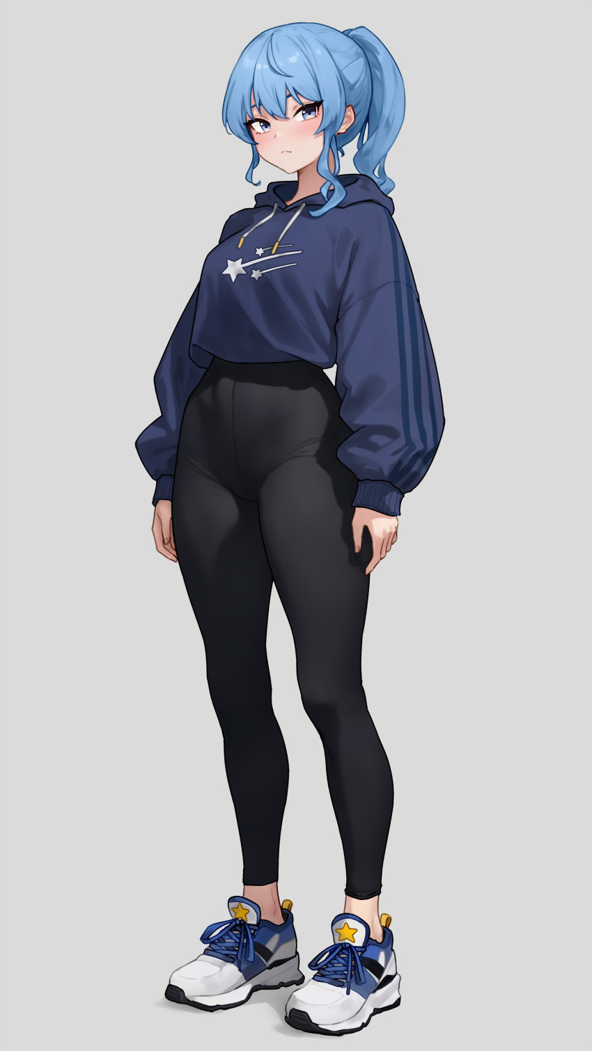 1girl absurdres arms_at_sides black_leggings blue_eyes blue_hair blue_hoodie bluefield closed_mouth drawstring expressionless full_body grey_background hair_between_eyes high-waist_pants highres hololive hood hoodie hoshimachi_suisei leggings light_blush long_hair long_sleeves looking_at_viewer pants ponytail puffy_long_sleeves puffy_sleeves shoes simple_background sneakers solo standing star_(symbol) star_print virtual_youtuber