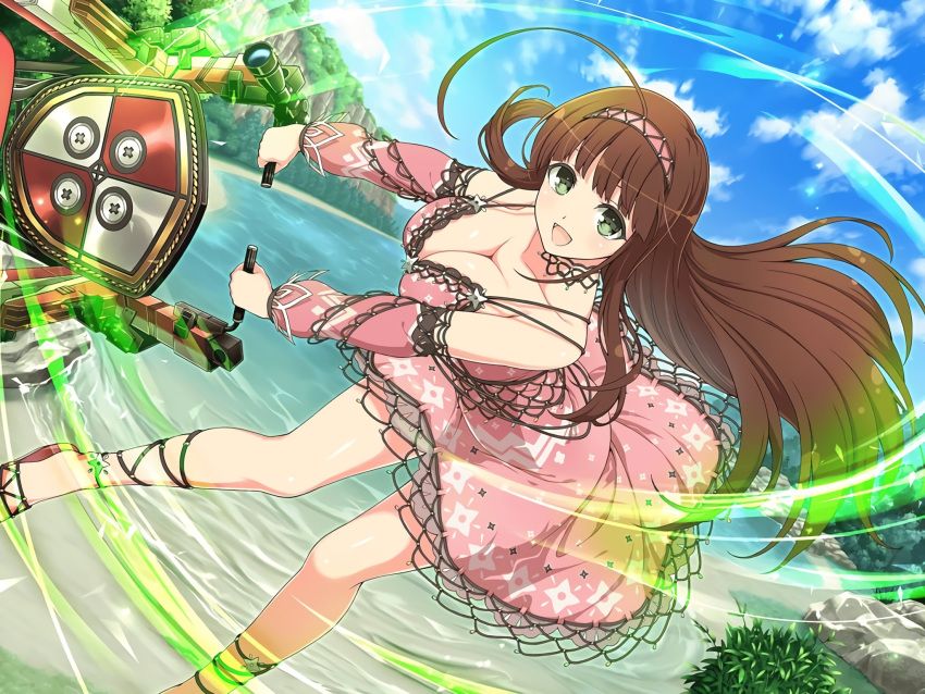 1girl ahoge armpit_crease bare_legs black_choker blue_sky blush breasts brown_hair bush chair choker cleavage cliff cloud cloudy_sky collarbone day detached_sleeves dress floral_print forest frilled_dress frills grass green_eyes hairband highres holding_chair lake large_breasts leaf long_hair looking_at_viewer motion_lines nature official_art open_mouth outdoors pink_dress pink_hairband plant rock sand sandals senran_kagura senran_kagura_new_link shiny_skin shore shuriken shuriken_print sky smile solo standing tongue tree ui_(senran_kagura) water weapon yaegashi_nan