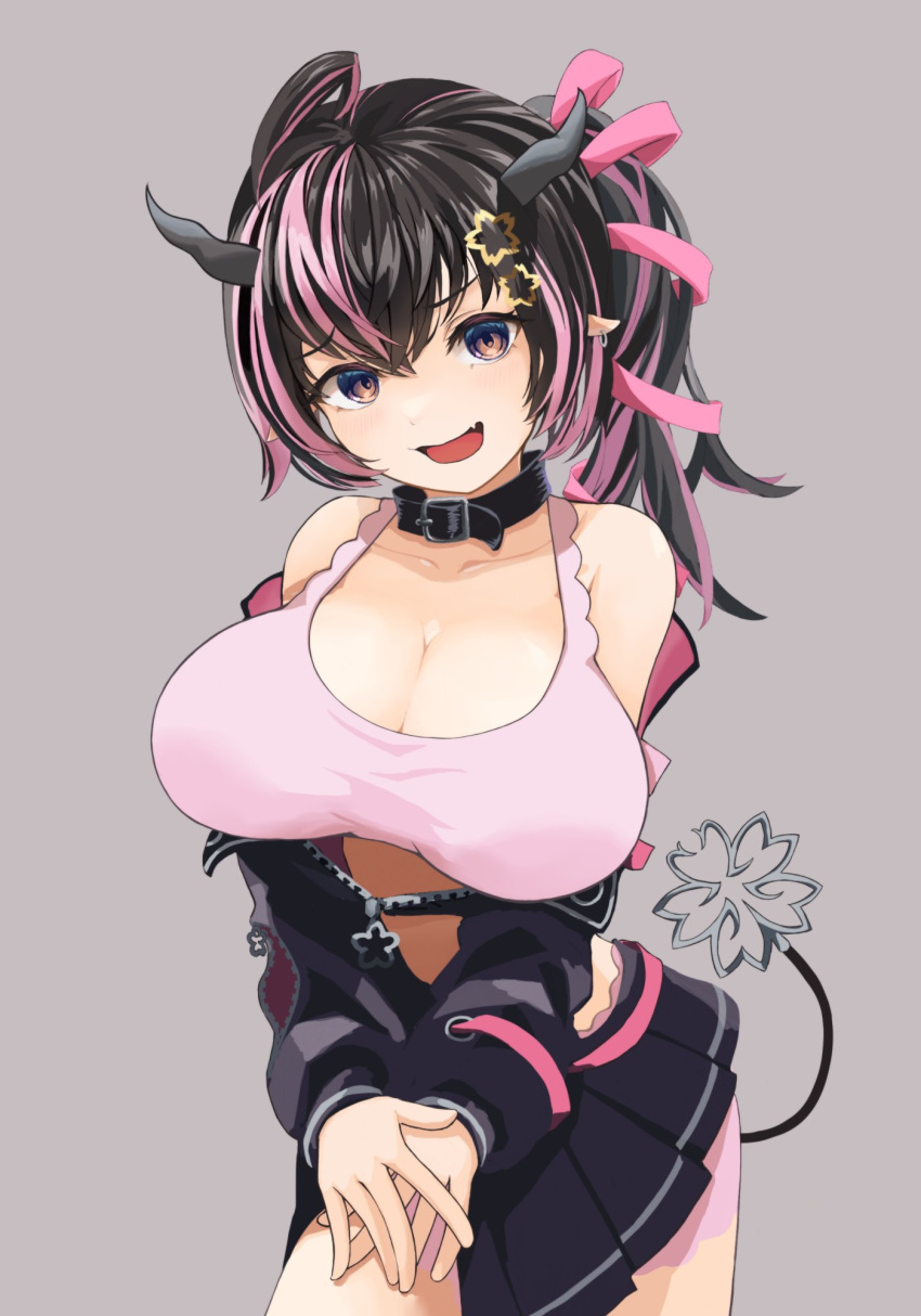 1girl 5_(y5) ahoge alternate_breast_size alternate_eye_color belt belt_collar black_belt black_hair black_jacket black_skirt blush bra breasts brown_eyes cleavage collar commentary_request contrapposto cowboy_shot demon_girl demon_horns demon_tail earrings fang flower grey_background grey_horns hair_between_eyes hair_flower hair_ornament hair_ribbon hands_on_own_thighs highres horns jacket jewelry large_breasts long_hair long_sleeves looking_at_viewer medium_bangs multicolored_hair nanashi_inc. off_shoulder oinomori_may one_side_up open_mouth pink_bloomers pink_bra pink_hair pink_ribbon pleated_skirt pointy_ears ribbon simple_background single_earring skirt smile solo tail two-tone_hair underwear virtual_youtuber