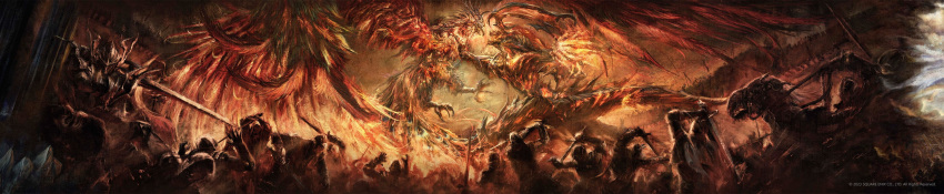 absurdres armor battle claws feathered_wings final_fantasy final_fantasy_xvi fire glowing highres horns ifrit_(final_fantasy) key_visual monster official_art phoenix_(final_fantasy) promotional_art sword tail war weapon wide_image wings