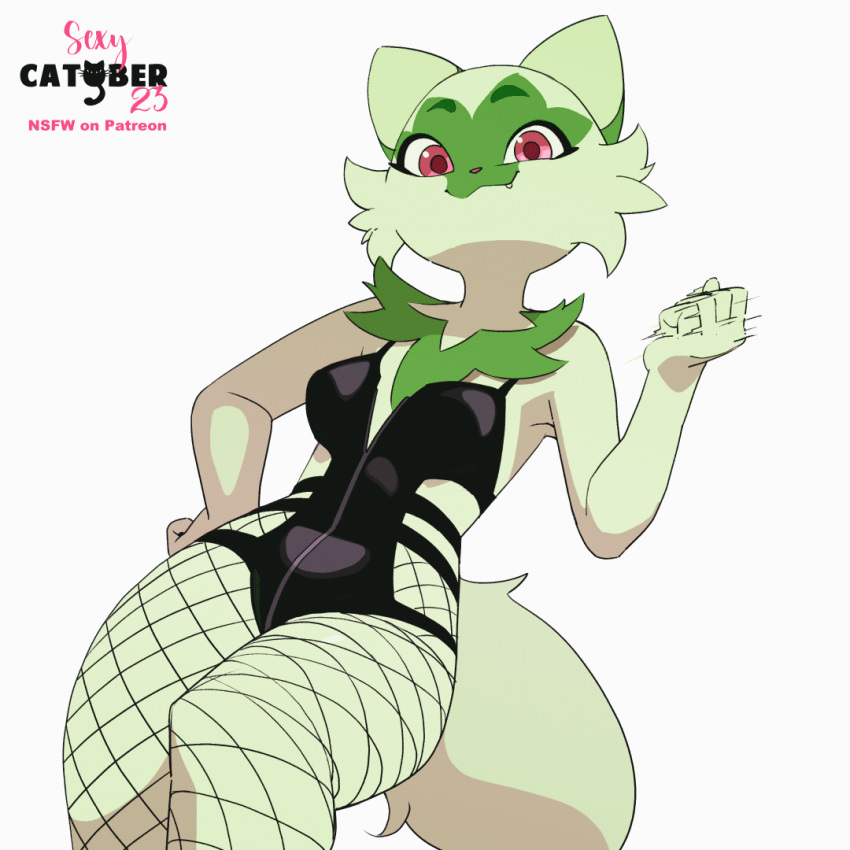 1:1 2d_animation animated anthro biped feliscede female fur generation_9_pokemon green_body green_fur looking_at_viewer nintendo pink_eyes pokemon pokemon_(species) simple_background solo sprigatito white_background