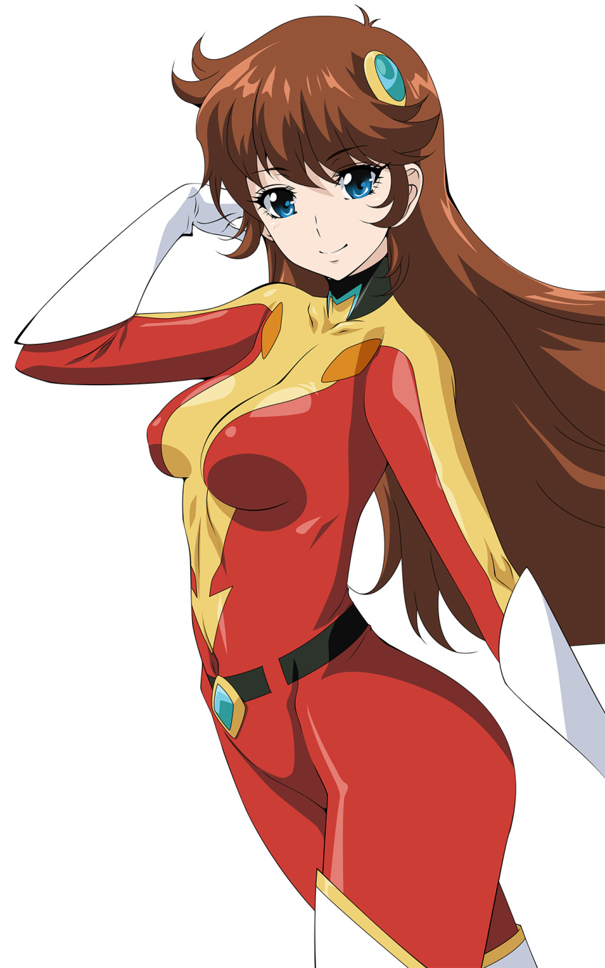 1girl aoi_nagisa_(metalder) blue_eyes bodysuit breasts brown_hair closed_mouth covered_navel elbow_gloves gloves highres large_breasts looking_at_viewer maria_grace_fleed mazinger_(series) red_bodysuit simple_background smile solo ufo_robo_grendizer white_background white_gloves