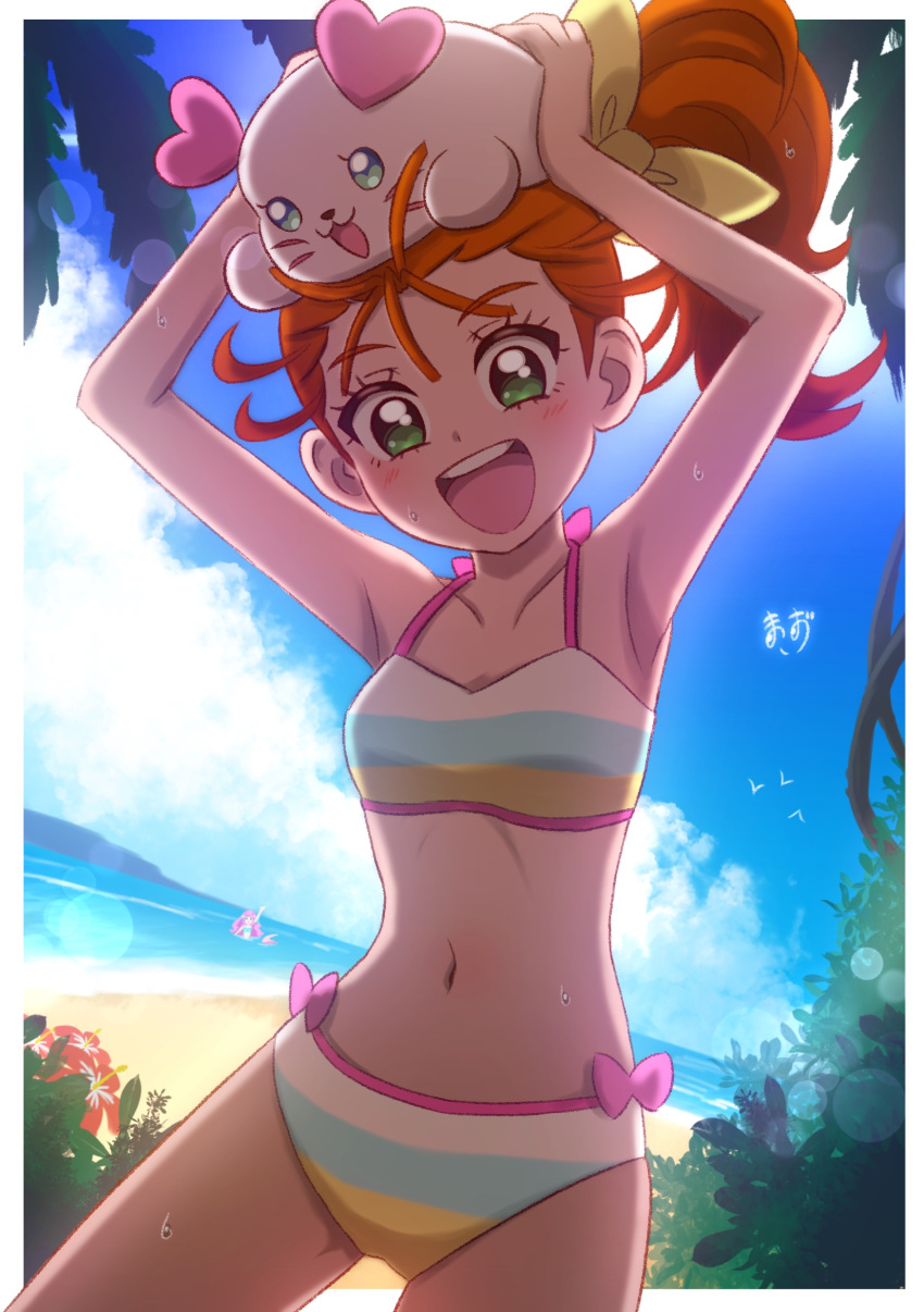 1girl absurdres arms_up artist_name backlighting beach bikini blue_sky breasts cloud collarbone commentary_request cowboy_shot creature_on_head day green_eyes highres horizon kururun_(precure) long_hair natsuumi_manatsu navel ocean open_mouth orange_hair outdoors ponytail precure round_teeth sky small_breasts smile solo striped striped_bikini swimsuit teeth tropical-rouge!_precure upper_teeth_only zerolay