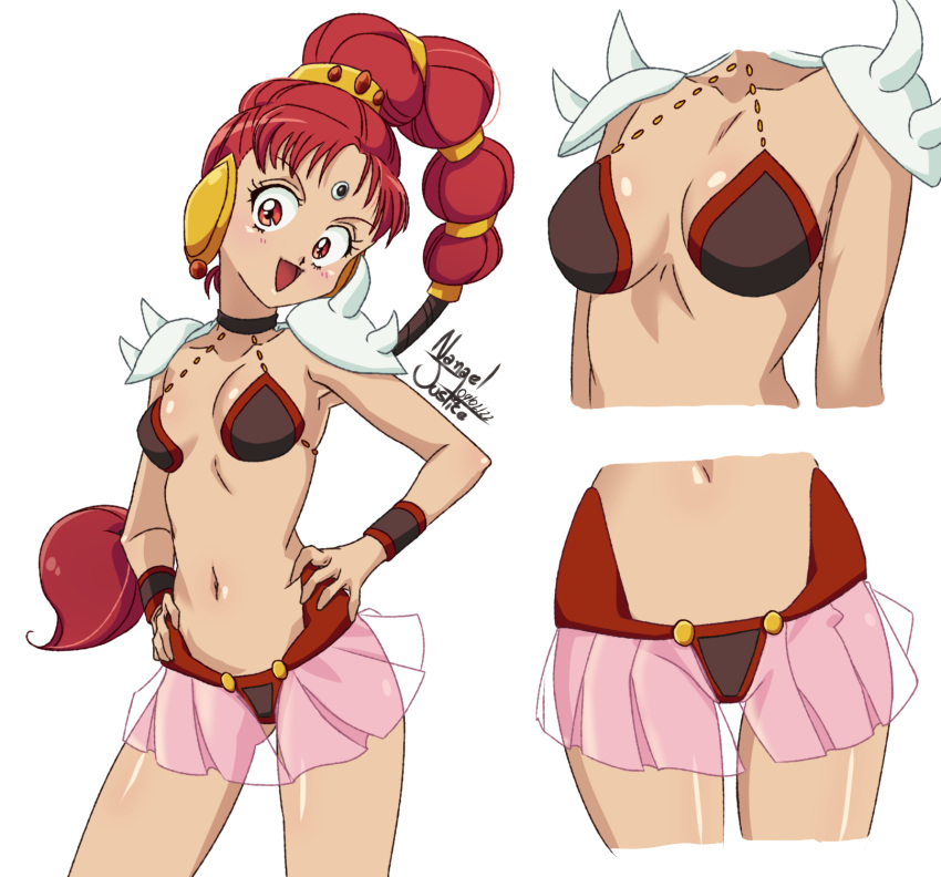 1girl amazons_quartet armor bikini bishoujo_senshi_sailor_moon breasts choker hands_on_own_hips highres jewelry midriff multi-tied_hair nanaeljustice navel red_eyes red_hair see-through see-through_skirt shoulder_armor skirt smile swimsuit vesves_(sailor_moon)