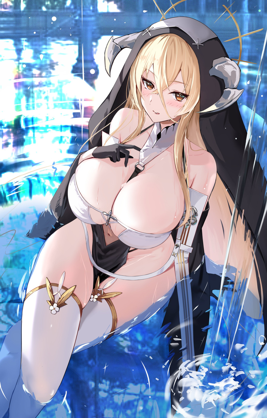 1girl absurdres azur_lane bare_shoulders black_gloves blonde_hair blush breasts cleavage covered_navel cross crossed_legs fake_horns gloves habit hair_between_eyes highres horns huge_breasts implacable_(azur_lane) long_bangs nun orange_eyes pelvic_curtain reflection revealing_clothes sitting solo thighhighs tsunagi123 water white_thighhighs