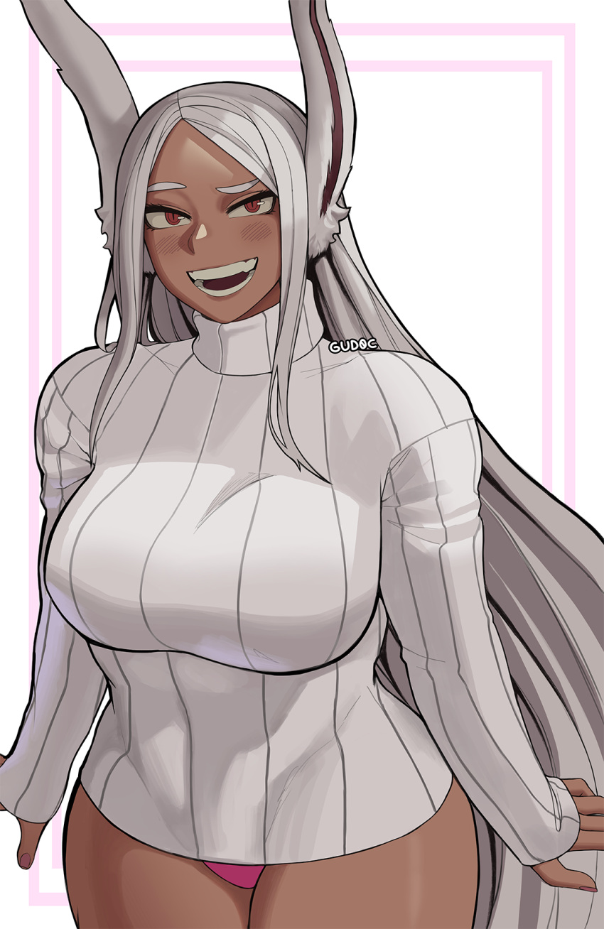 1girl alternate_costume animal_ear_fluff animal_ears arms_at_sides artist_name blush boku_no_hero_academia breasts cowboy_shot curvy dark-skinned_female dark_skin forehead grey_hair gud0c highres impossible_clothes impossible_sweater large_breasts long_hair looking_at_viewer mirko open_mouth outline panties parted_bangs patterned_background pink_panties rabbit_ears raised_eyebrow red_eyes ribbed_sweater shiny_skin sidelocks sleeves_past_wrists slit_pupils smile solo sweater teeth thighs turtleneck turtleneck_sweater underwear very_long_hair white_background white_sweater