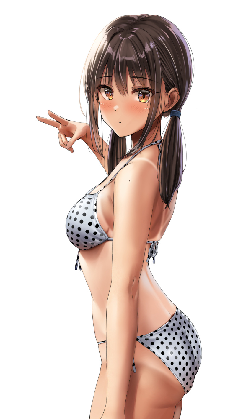 1girl bikini brown_eyes brown_hair commentary_request cowboy_shot highres looking_at_viewer mole original polka_dot polka_dot_swimsuit sideways solo swimsuit tan tanlines twintails v yukemuriganmo