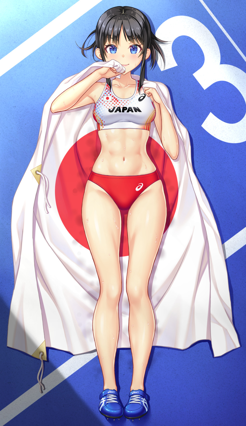 1girl abs asics black_hair blue_eyes blue_footwear buruma commission from_above full_body highres japanese_flag kuri_(kurigohan) lying midriff navel original pixiv_commission red_buruma shoes short_hair_with_long_locks sidelocks sneakers solo sports_bikini sports_bra