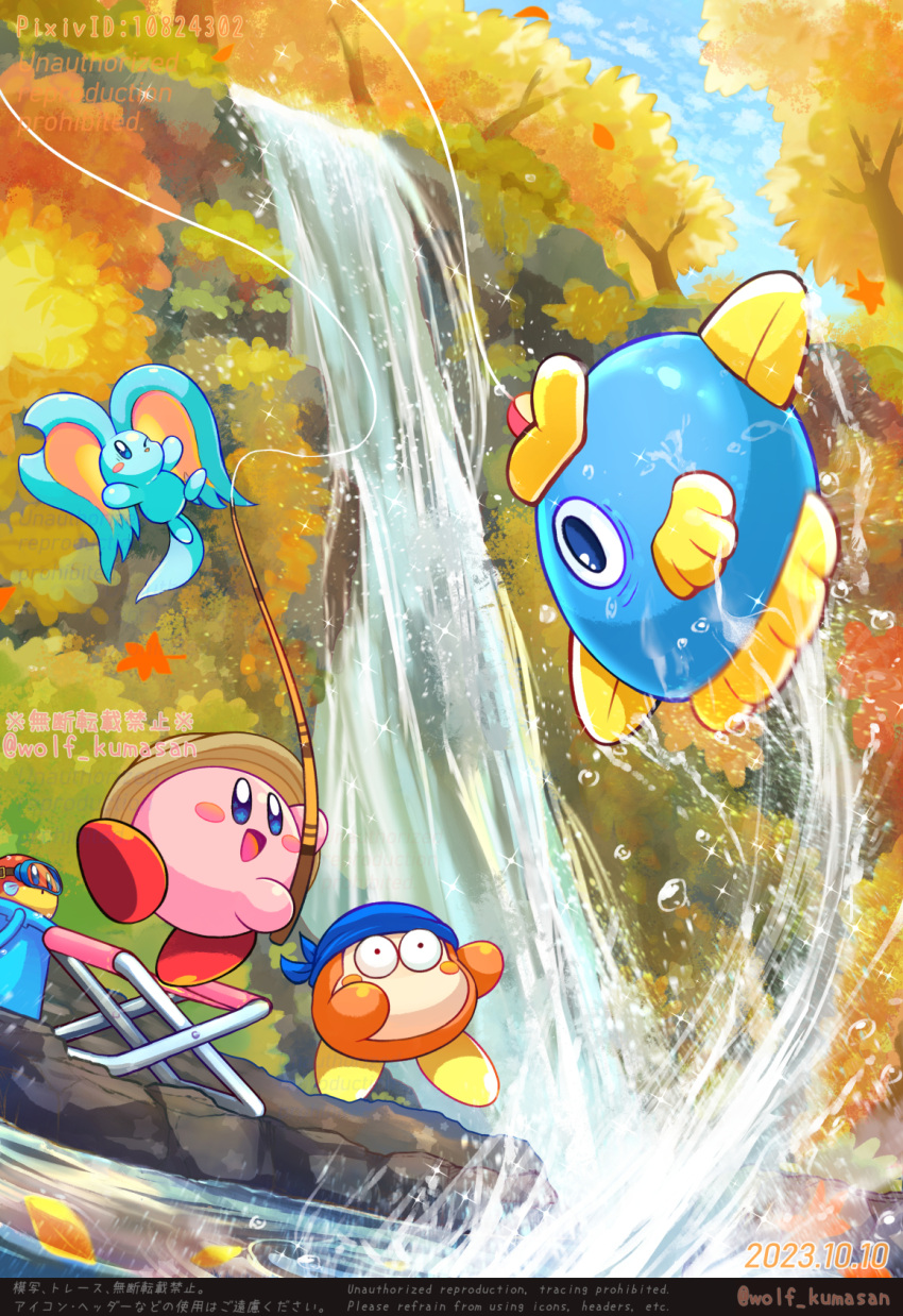 :d artist_name autumn autumn_leaves bandana bandana_waddle_dee blipper blue_bandana blue_eyes blue_sky blush blush_stickers brown_headwear bucket chair cliff cloud commentary_request dated day diving_mask elfilin fish fishing fishing_rod folding_chair goggles hat highres holding holding_fishing_rod kine_(kirby) kirby kirby_(series) kirby_and_the_forgotten_land leaf ninjya_palette no_humans notched_ear one_eye_closed open_mouth outdoors pixiv_id rock sky smile sparkle splashing star_(symbol) star_in_eye surprised symbol_in_eye tree twitter_username water water_drop waterfall watermark wide-eyed