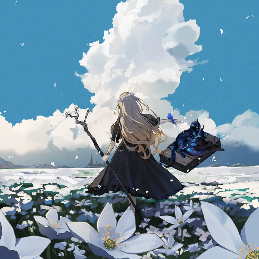 1girl animal animal_on_arm bird bird_on_arm black_dress blonde_hair cat cloud cloudy_sky commentary day dress english_commentary floating flower flower_request frilled_dress frills from_behind hat highres holding holding_staff ishida_tatsuki levitation long_hair magic mountainous_horizon original outdoors petals puffy_short_sleeves puffy_sleeves short_sleeves sky solo staff suitcase witch_hat wreath