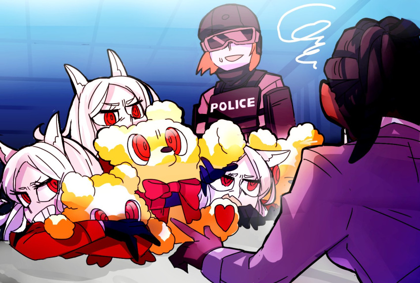 5girls animal_ears cerberus_(helltaker) demon demon_girl dog_ears helltaker multiple_girls pointing police_(helltaker) red_eyes red_shirt sennmannkai2929 shirt stuffed_animal stuffed_toy swat triplets