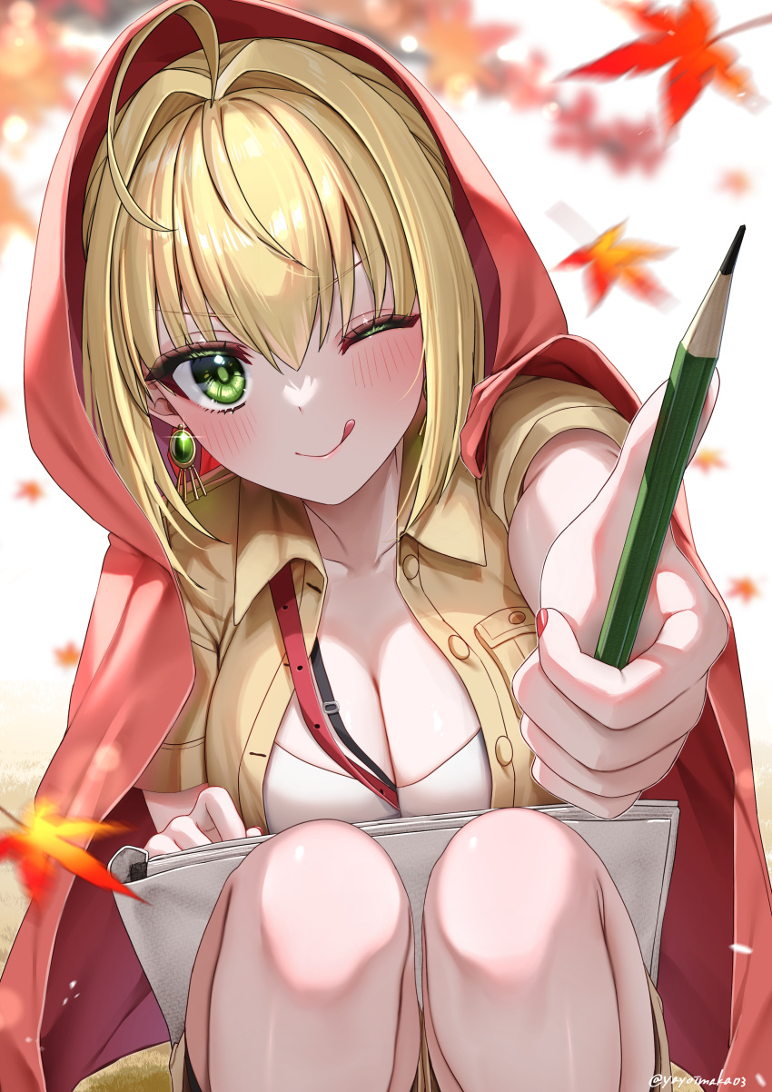 1girl ;p absurdres ahoge between_breasts blonde_hair blush breasts cargo_shorts cleavage cloak earrings falling_leaves fate/extra fate/grand_order fate_(series) green_eyes hair_intakes highres jacket jewelry large_breasts leaf looking_at_viewer nero_claudius_(fate) nero_claudius_(fate/extra) one_eye_closed pencil red_ribbon ribbon shorts sketchbook smile solo squatting strap_between_breasts tongue tongue_out yayoi_maka