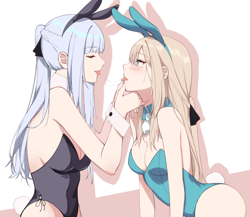 2girls absurdres ak-12_(girls'_frontline) alternate_costume an-94_(girls'_frontline) animal_ears aqua_eyes aqua_leotard black_leotard blonde_hair blush braid breasts cleavage closed_eyes fake_animal_ears feet_out_of_frame french_braid girls'_frontline highres kavni leotard long_hair looking_at_another medium_breasts multiple_girls open_mouth playboy_bunny ponytail rabbit_ears rabbit_tail saliva_swap sidelocks simple_background small_breasts tail tongue tongue_out upper_body white_hair white_wrist_cuffs wrist_cuffs yuri