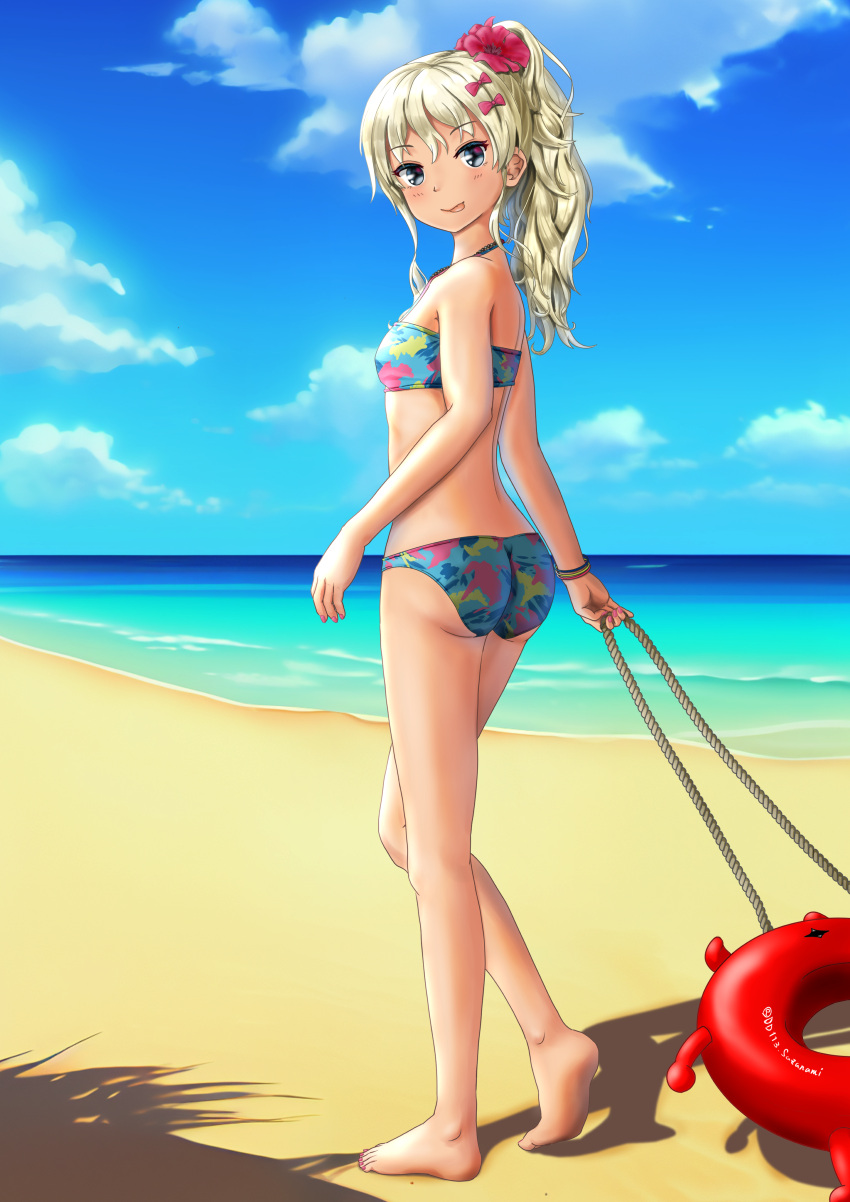 1girl absurdres abyssal_ship ass beach bikini blonde_hair blue_bikini blue_eyes blue_sky bow breasts cloud day enemy_lifebuoy_(kancolle) grecale_(kancolle) green_eyes hair_bow highres kantai_collection long_hair looking_at_viewer multiple_hair_bows ocean official_alternate_costume outdoors ponytail print_bikini red_bow sky small_breasts sorairo_haruka swimsuit tan walking wavy_hair